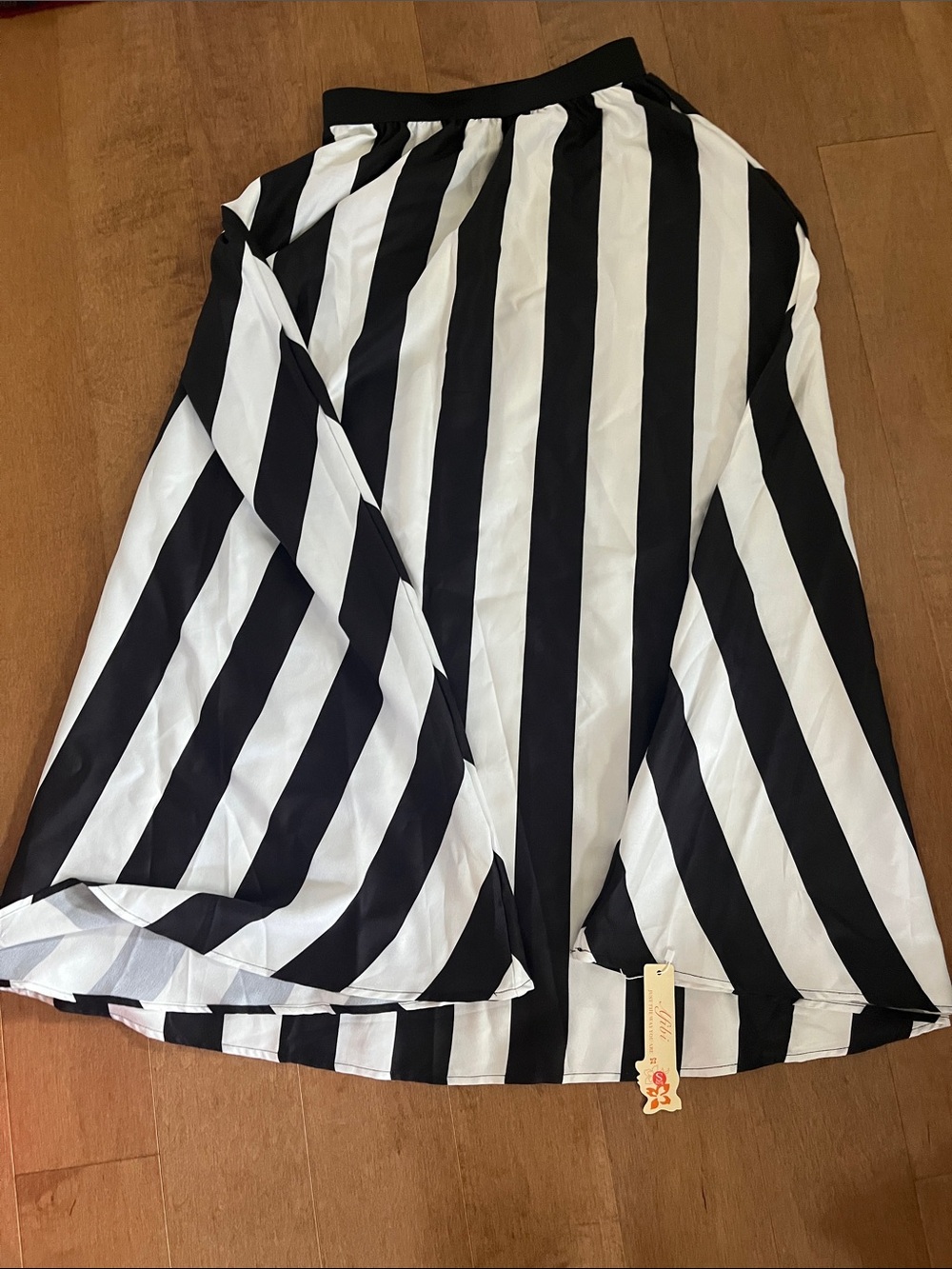 Black and White Striped Midi Skirt with Elastic Waist